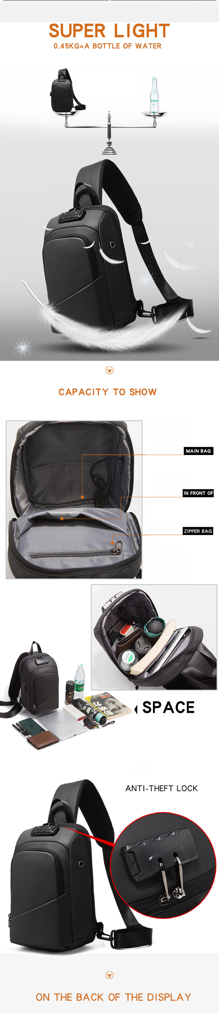 ISO9001 Anti Theft Lock Crossbody Chest Sling Bag For Men 19*12*31cm