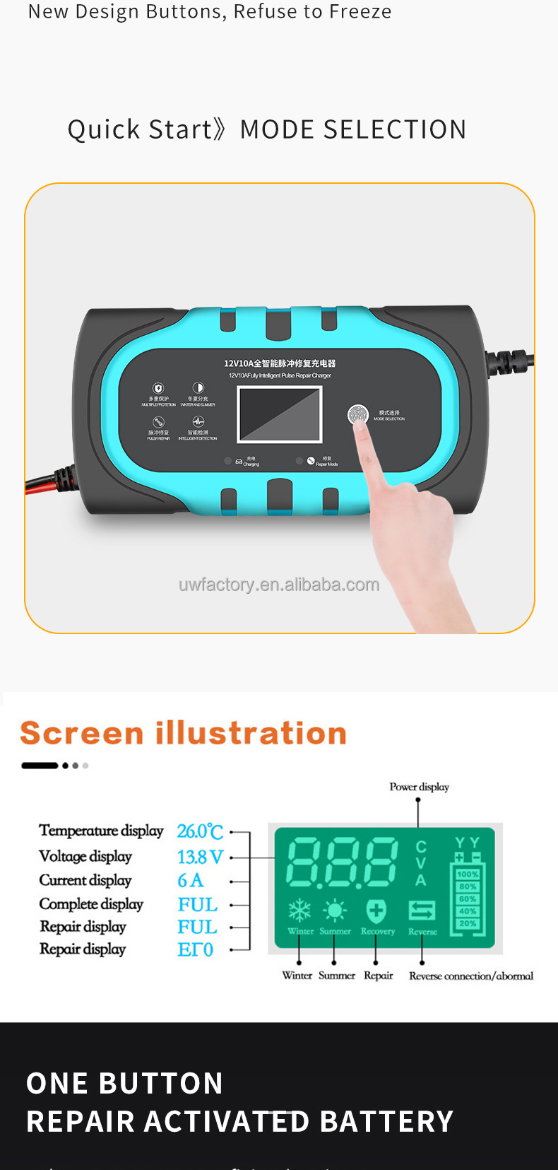 Low Tension Protection 12V/24V Smart Battery Charger for Car Motorcycle AGM Gel SLA Wet Sealed Lead Acid Battery