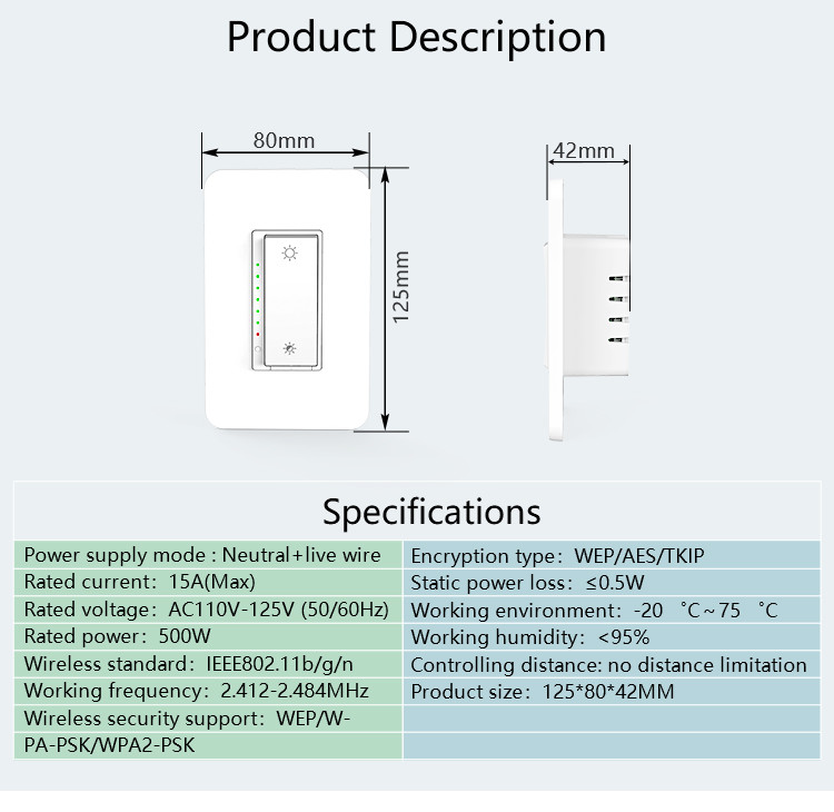 Tuya Wireless Intelligence Smart Wifi Wall Switch 16A FCC Smart Home Dimmer Switch