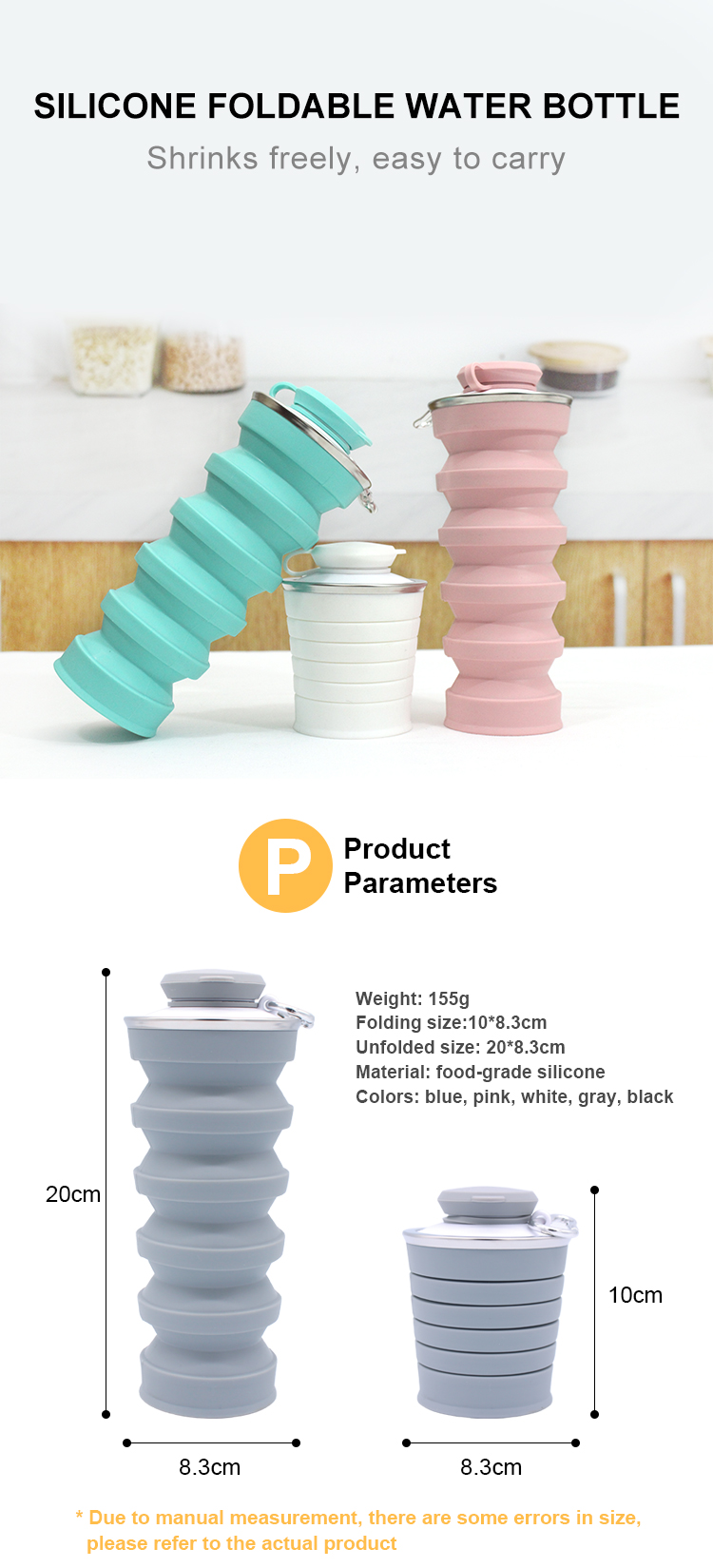 OEM ODM Available 500ML Silicone Foldable Water Bottle