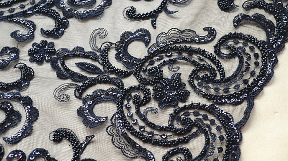 Black Heavy Beaded Mesh Fabric By The Yard , Embroidered Net Fabric With Beads