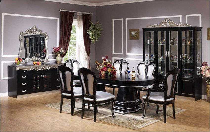 6 Seat Black Round Luxury Wood Dining Room Sets Solid Wood Dining Table And Chair