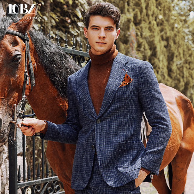 Blue Houndstooth Men's Suit for Business Casual Formal Wear and Groom Wedding Dress