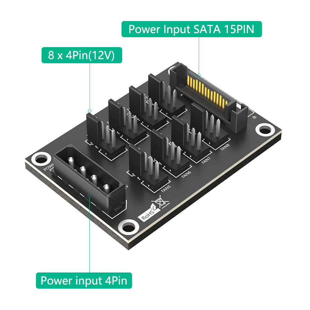 4-Pin or SATA 15-Pin to 8x 4-Pin Fan Splitter Hub for Sata 3.0 and Molex 4pin Interface