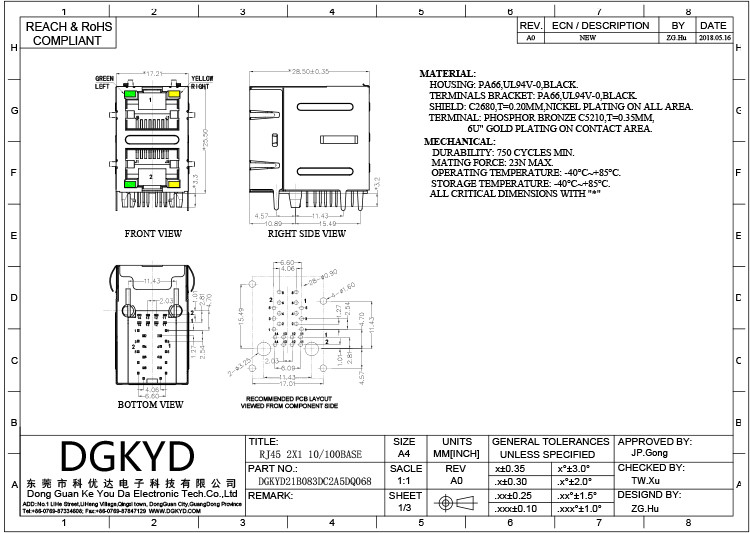 DGKYD21B083DC2A5DQ068 Stacked Multi-Port 100M RJ45 7Pin RJ45 Modular Jack Ethernet Filter RJ45