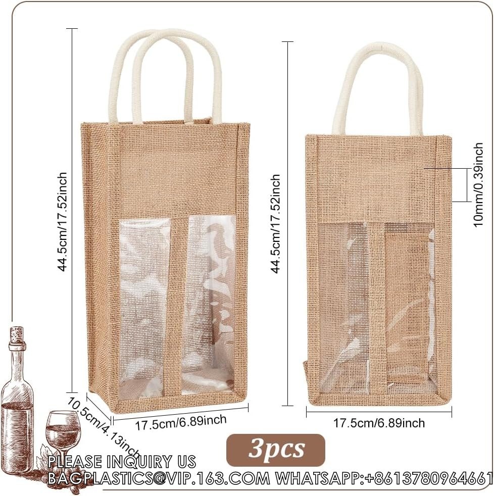 Burlap Wine Bottle Bag Jute Wine Tote Gift Bag With 2 Clear Window And Handle Wedding Birthday Festivals Souvenir