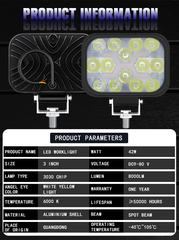 Ip67 Waterproof Vehicle LED Work Lights Square 24v 12v 42w 3 Inch