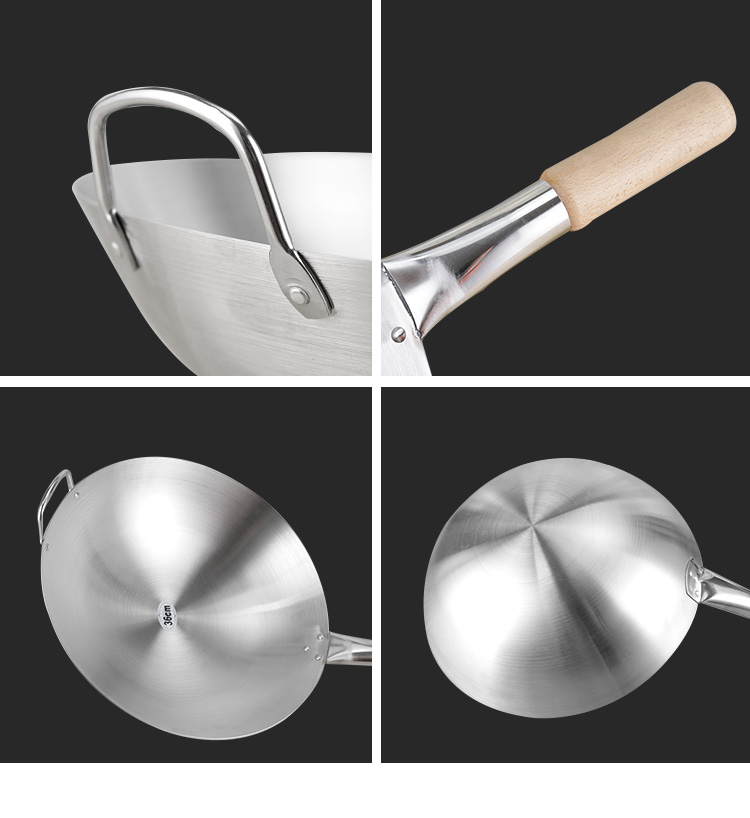 Restaurant Hotel Steel Kitchen Wok Pan With Wooden Handle Stainless Steel 201 Wok
