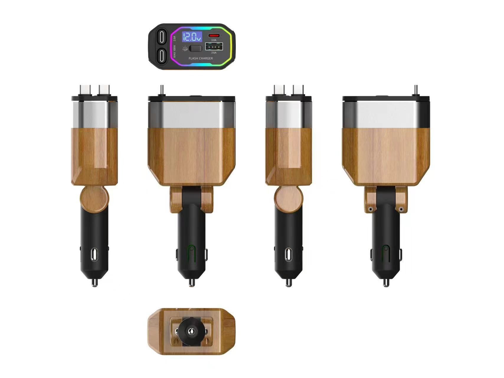 DC12V - 24V Max 5.0A Super Fast Car Charger With Stretchable Cables For Digital Device