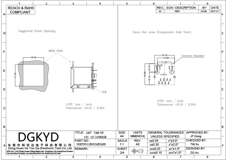 DGKYD511B002AB2A8D RJ45 100M 180 Degree Direct Plug Network Connector 8PIN With Light And Shielded Socket