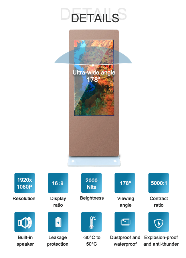 -30℃ to 55℃ Temp resistant 55" Outdoor Coffee color Standing LCD Display