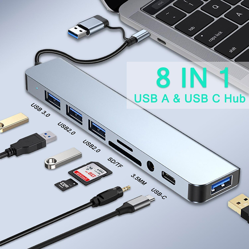 8-In-1 USB 3.0 Hub 3*USB 2.0 3.5mm Audio SD/TF Card Reader Output for Data Transfer and Charging