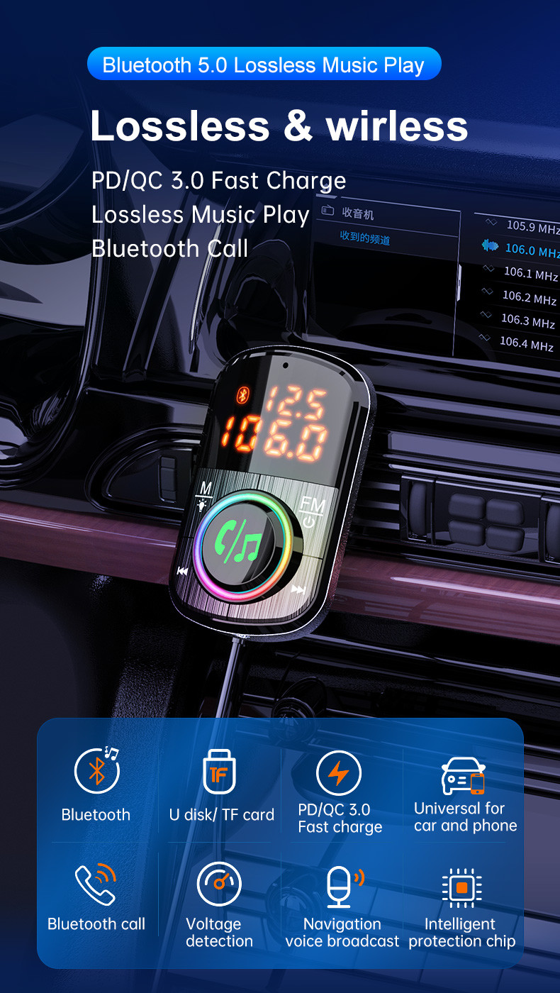 Car Air Vent Mount Bluetooth FM Transmitter PD QC USB Charger