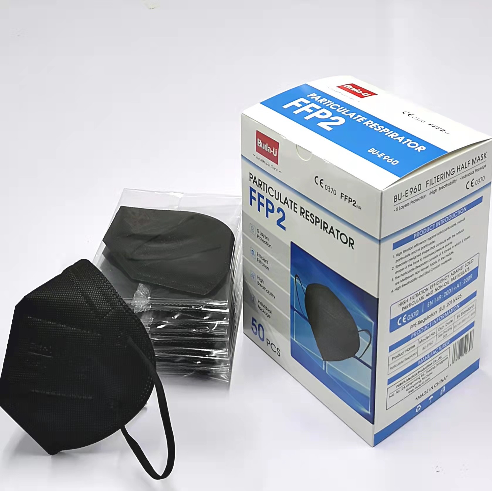 5 Layers Disposable FFP2 Respirator Mask , Nonwoven Face Mask , CE Certified FFP2 Dust Mask , Black Embossing Print