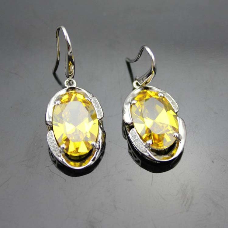 Sterling Silver Oval Yellow Citrine Cubic Zircon Dangle Drop Earrings (PSJ06472)