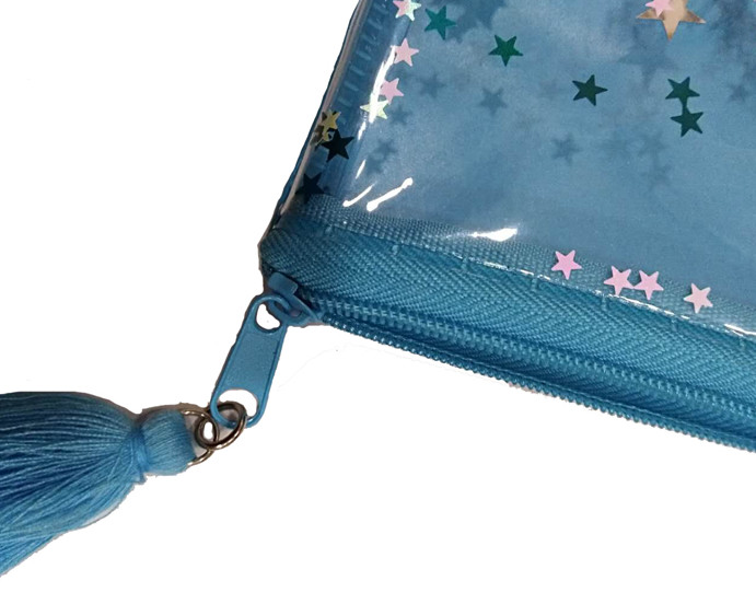 Clear Sewing PVC Cosmetic Bag Blue Star Glitter Plastic Makeup Pouch With Confetti