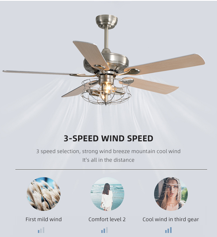 Brushed Nickel 2000LM Five Metal Blade Ceiling Fan With Light 65W