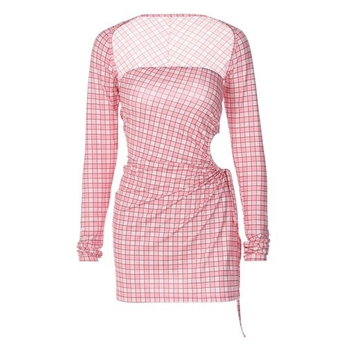 OEM maufactory long -sleeved short skirt side polyester women's pink lattice dress