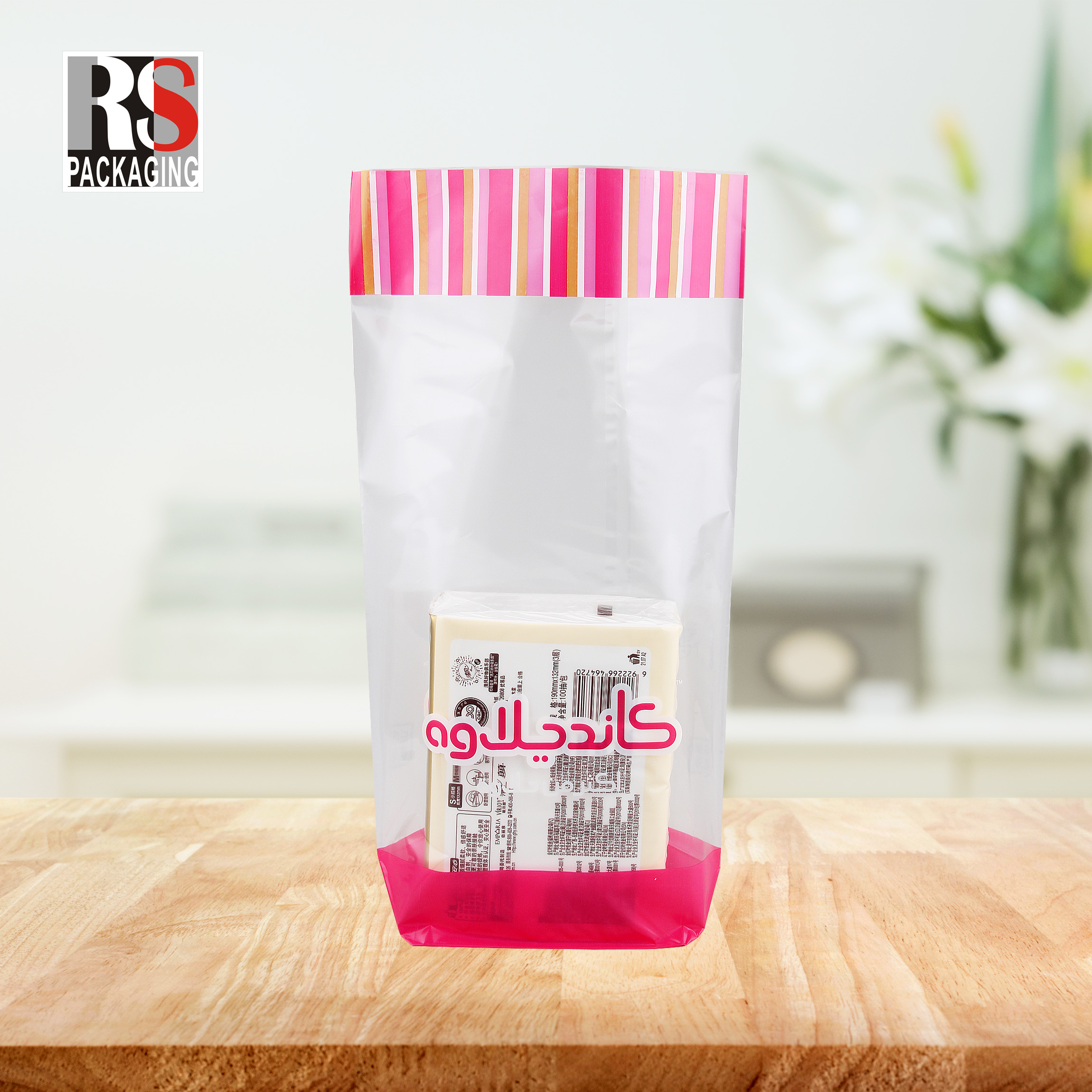 Food Packaging Stand Up Pouch With Cross Block Bottom And Cellophane Clear Treat