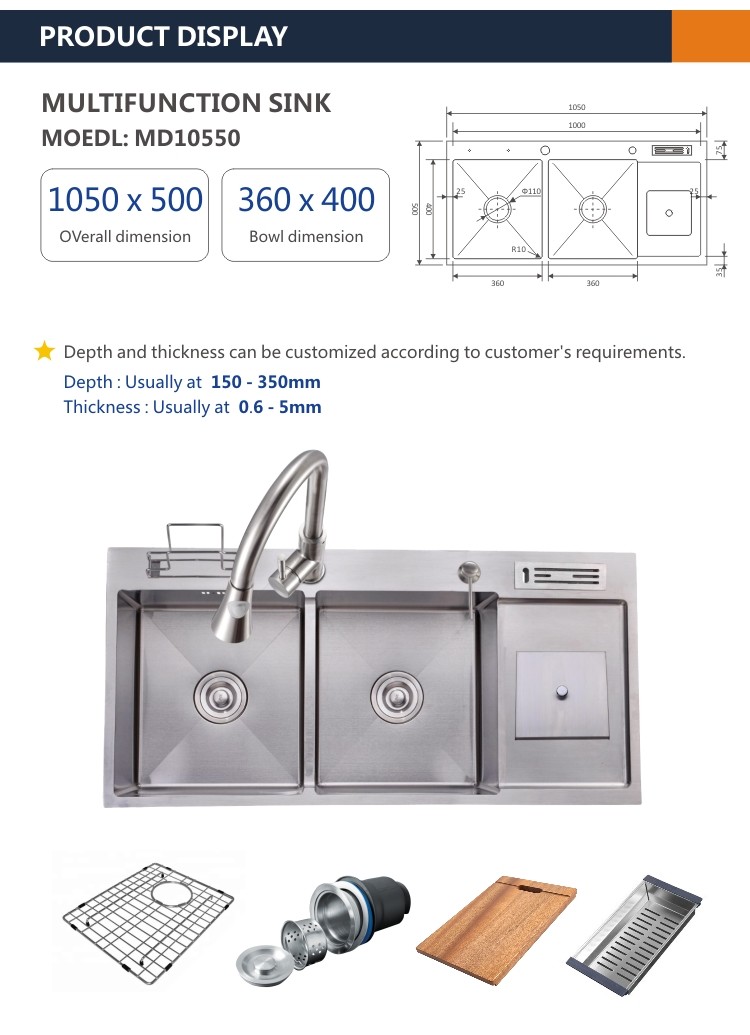 42' Topmount Multifunction Sink Knife Holder 16 Gauge Double Bowl 105x50