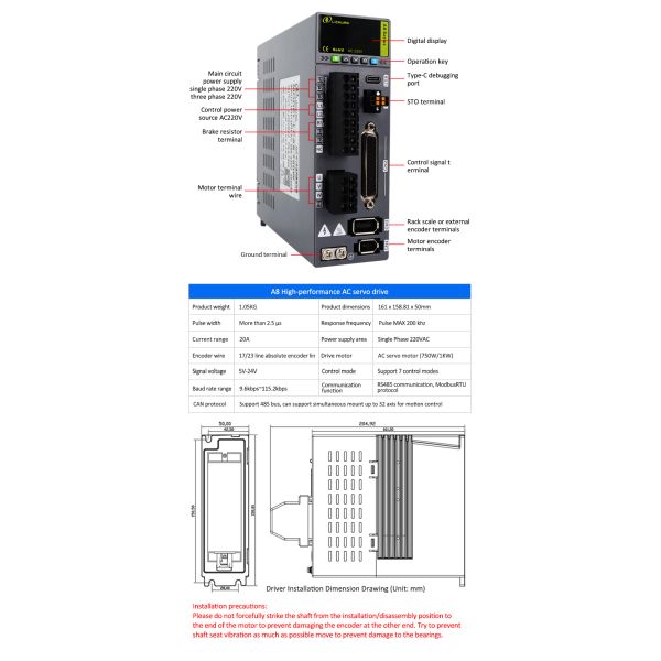 Lichuan AC Servo Motor Drivers Kit A8 High Accuracy STO ABZ 1000W 1KW 3.2N.m 220V 5.8A 2500/3000RPM IP65