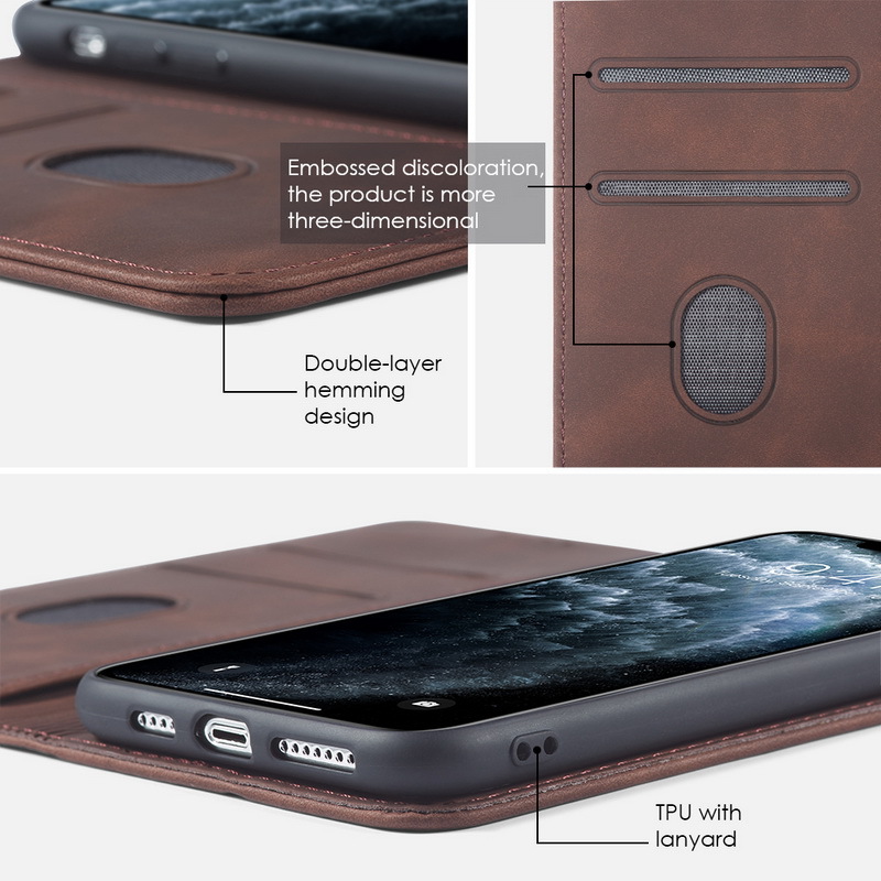 Stylish Magnetic Flip Cover PU Leather TPU Holder Mobile Phone Case for iPhone12 Pro