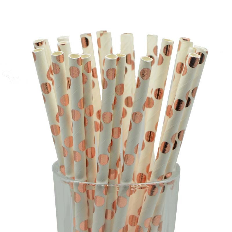 Striped Dot Drinking Compostable Rose Gold Paper Straws