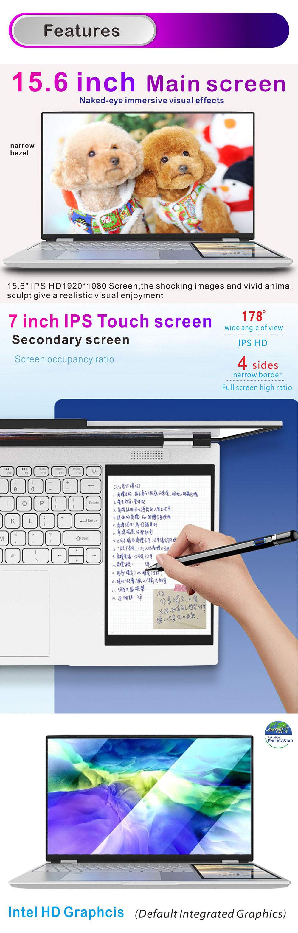 Fingerprint Student Laptop Computers With 15.6" IPS 7" Touch Screen Dual Screen OEM