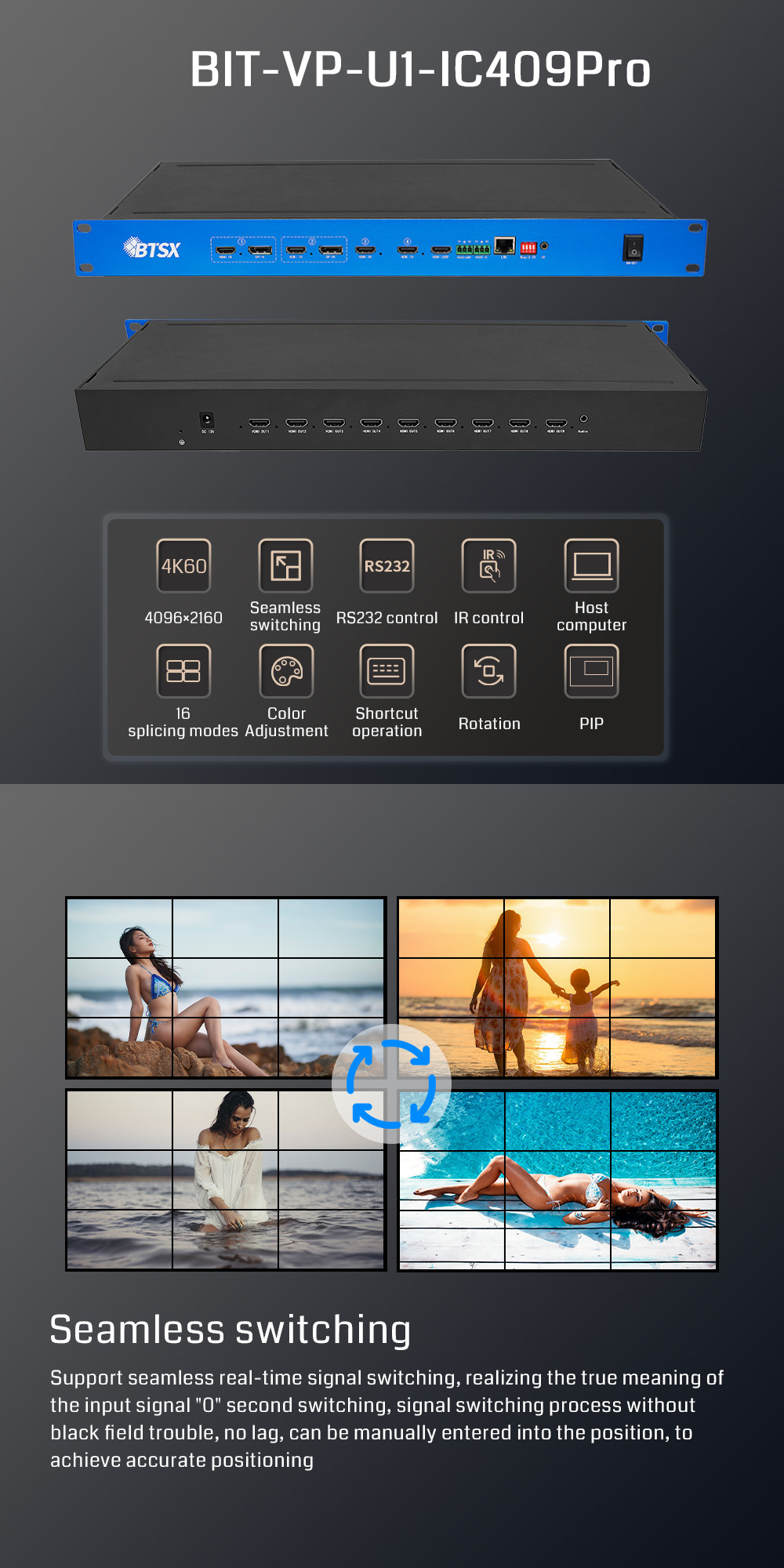 4K60 POP PIP 3x3 3x4 3x5 3x6 HDMI Video Wall Processor Seamless Switching
