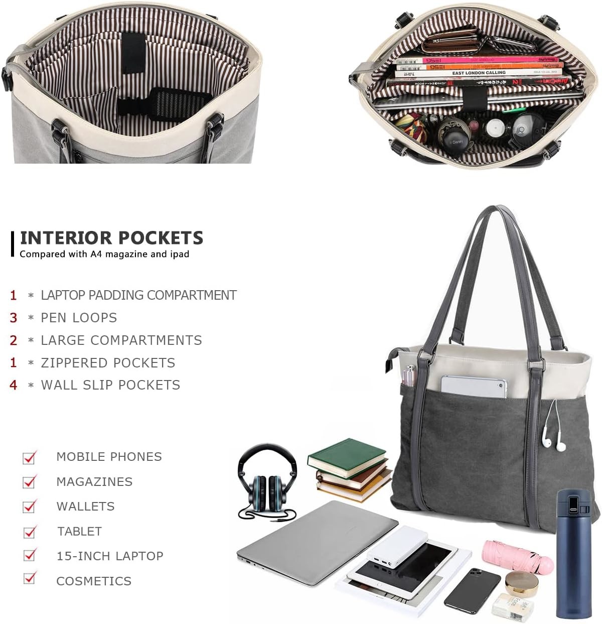 WOMEN LAPTOP TOTE BAG FOR WORK LIGHTWEIGHT SPLICE CANVAS 15.6 INCH HANDBAG PURSE