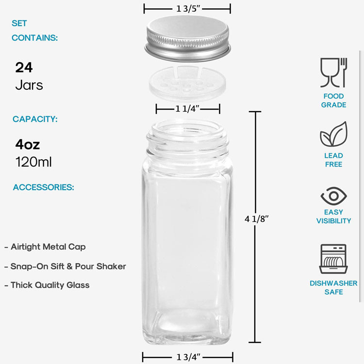 24 Pcs 4oz Glass Square Spice Jars Containers With Spice Labels