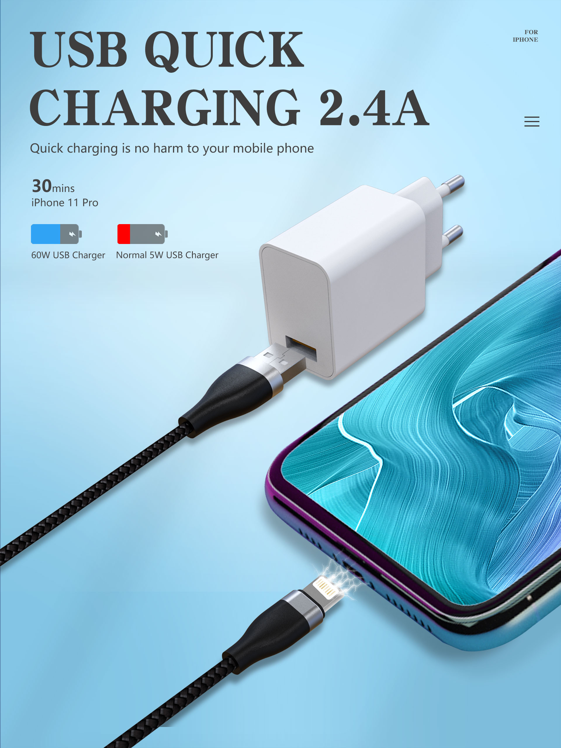 IPhone 11 Charging 6 Foot Data USB Cable 5V 2.4A Output CE Listed