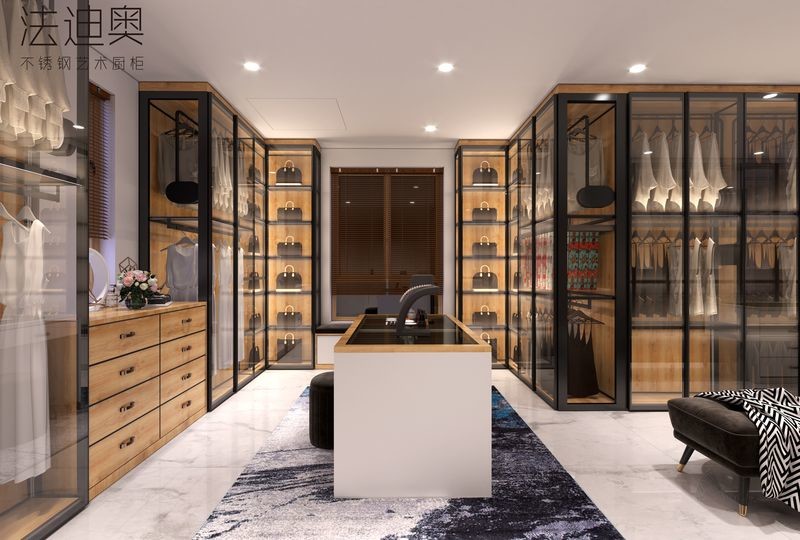 Robust Expansive Stainless Steel Open Walk In Closet With Glass Doors