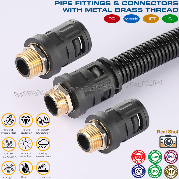 Waterproof Straight Connectors (Pipe Fittings) with Brass Male Thread PG7~PG48 for Plastic Corrugated Conduits AD7~AD108