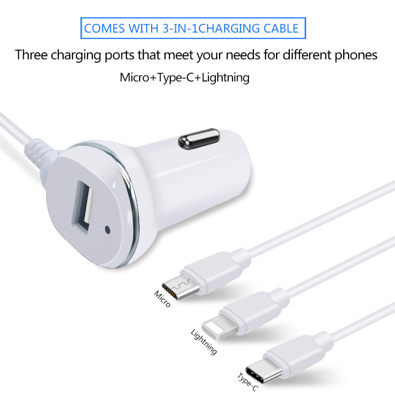 4 USB PORT CAR CHARGER USB+TYPE-C+LIGHTING PORT WITH SPRING CABLE
