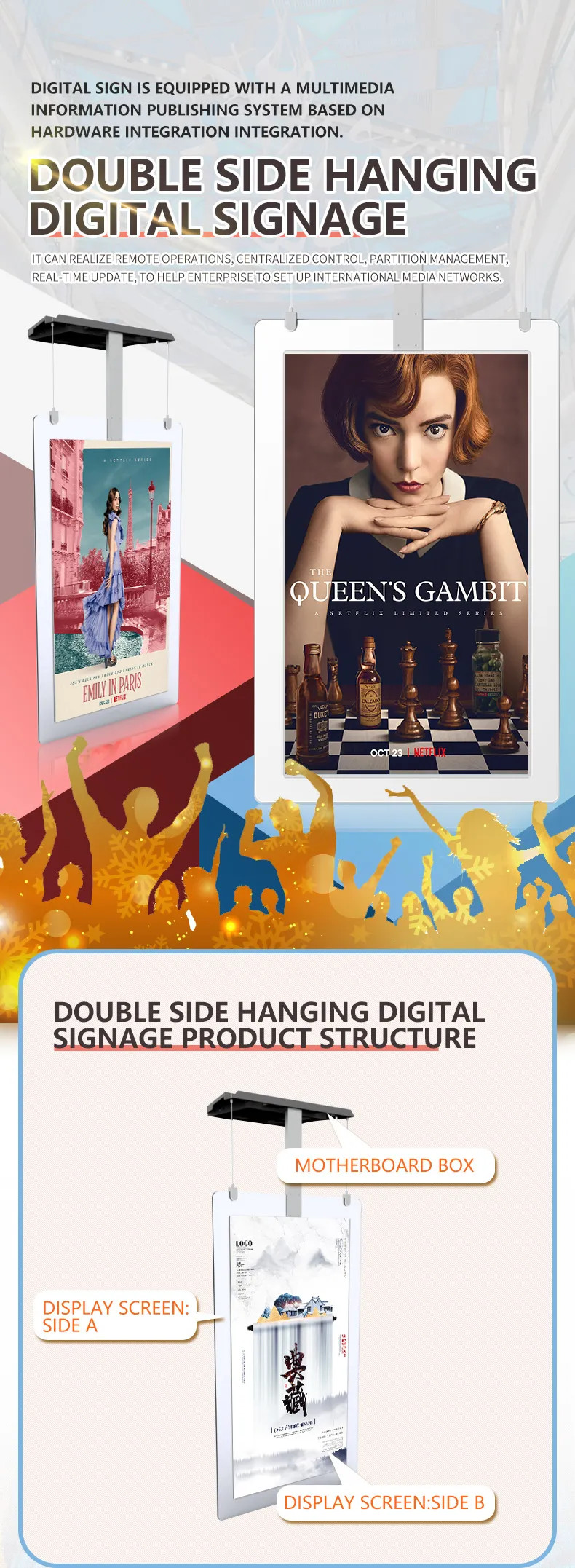 55 Inch Smart Dual Side Digital Signage Ceiling Floor Advertising Display