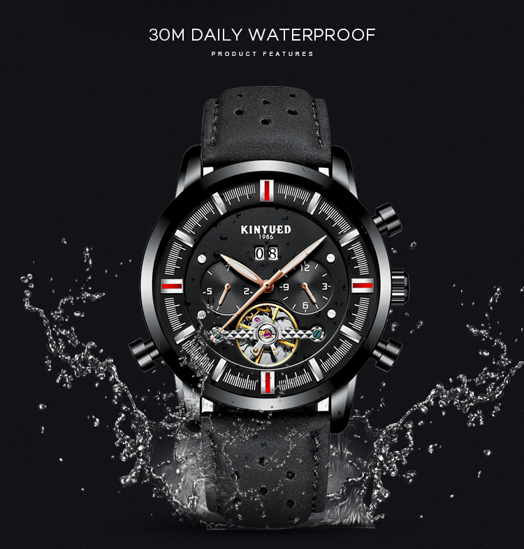 KINYUED J019-4 Private Label Black Case Black Dial Genuine Leather Auto Date Skeleton Automatic Mechanical relogio masc