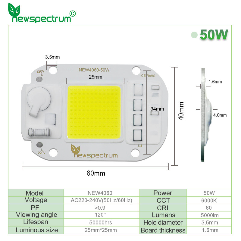 Thermal Resistance 50w Cob Led Chip 50HZ For Spotlight Floodlight