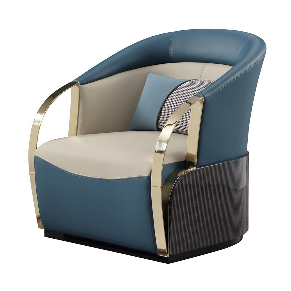 High End Hotel Lobby Furniture Genuine Leather Stainless Steel Armrest Single Lounge Chair