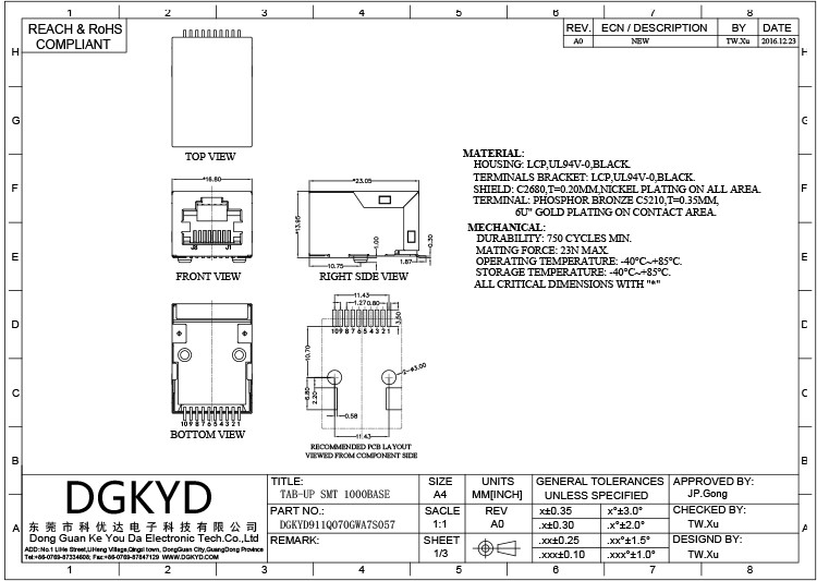 TAB-UP Gigabit Integrated Transformer Shielding SMT DGKYD RJ45 Network Connector Without Light
