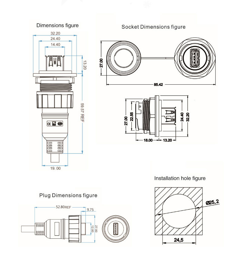 Customize Length Wire Soldering USB 2.0/3.0 Female Panel Mount Waterproof Connector
