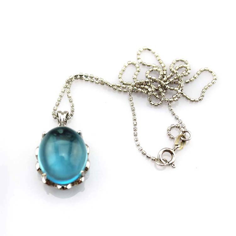 925 Silver Pendant Necklace with Oval Dome Blue Topaz Cubic Zircon (P40)