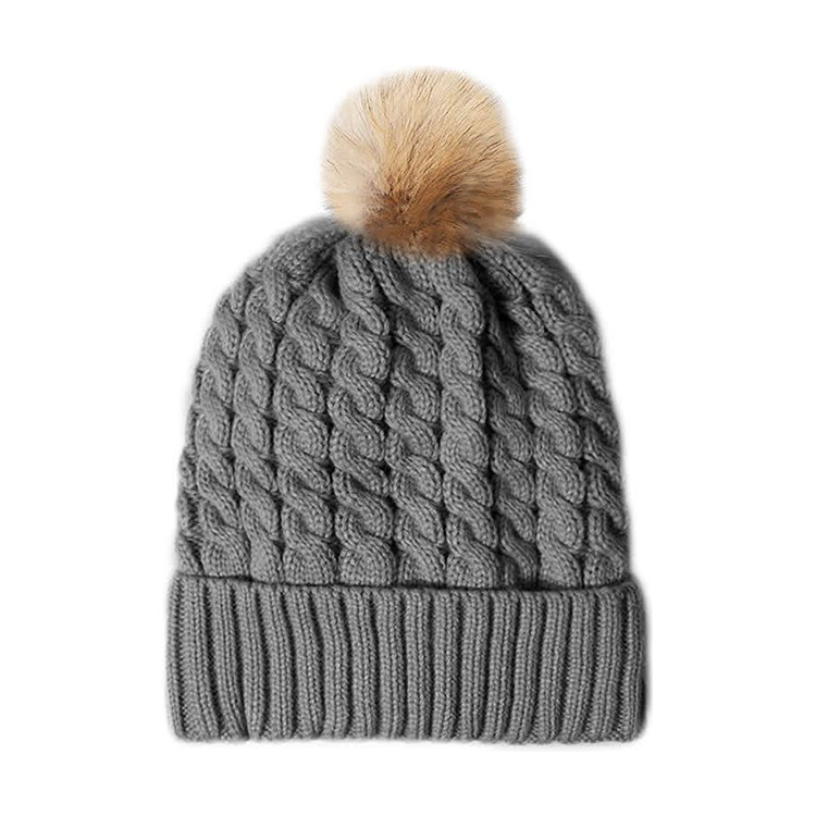 Winter Women 58cm Knit Beanie Hats Fur Ball Cap Pom Poms
