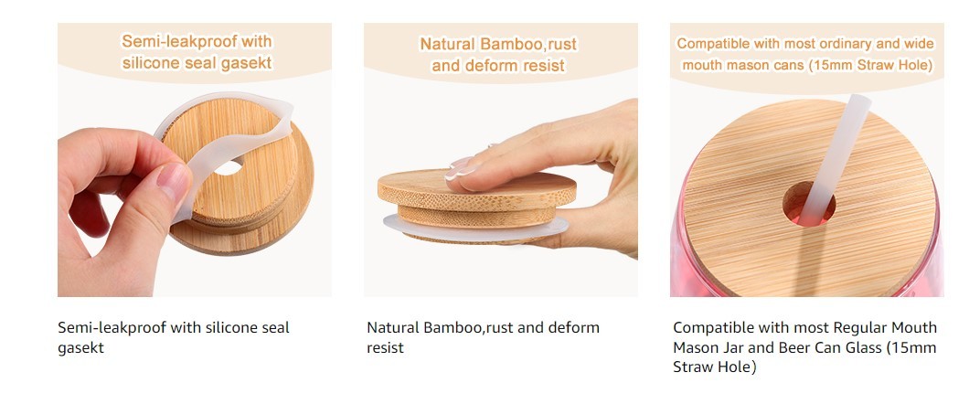 Houseware 70mm/86mm Bamboo Mason Lids with Straw Hole and Silicone Seal Mason Caps
