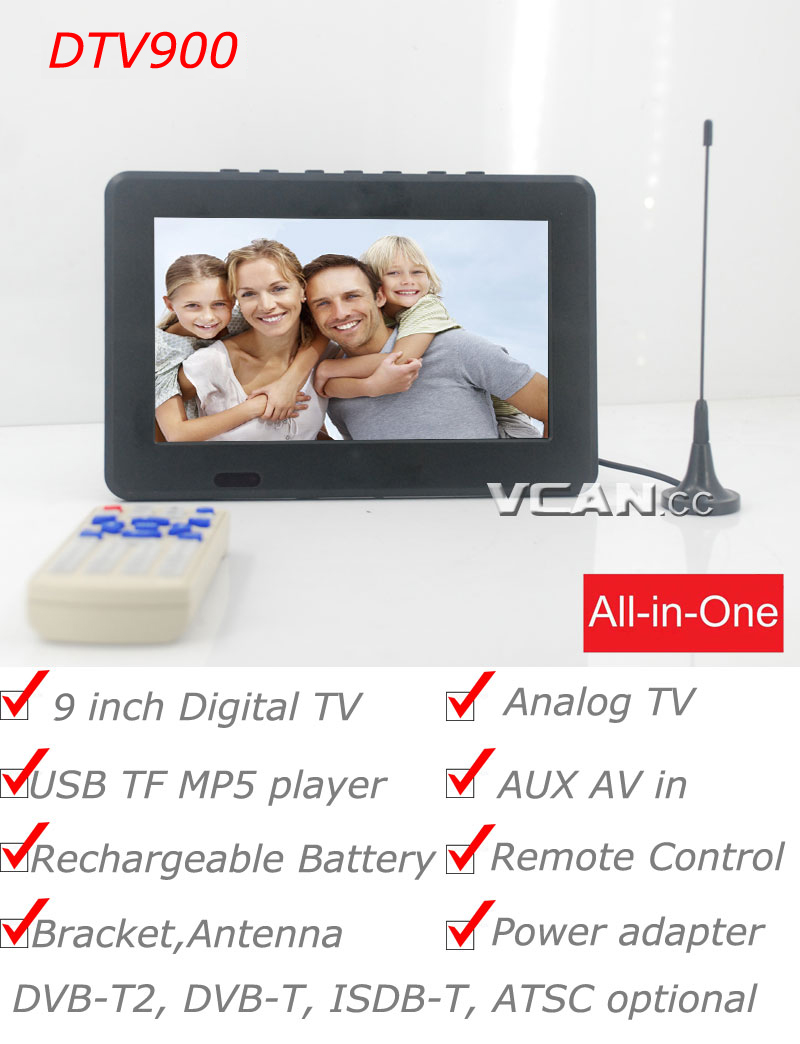 DTV900-DVBT2 9 inch Digital TV Analog TV USB TF MP5 player AV in Rechargeable Battery 