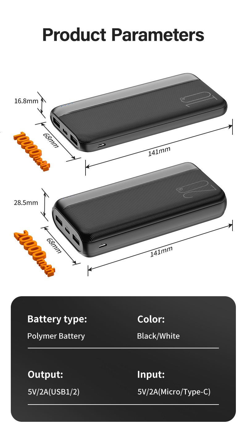 Portable Mobile Ultra Slim Power Bank 10000mah 20000mah Li Polymer Battery
