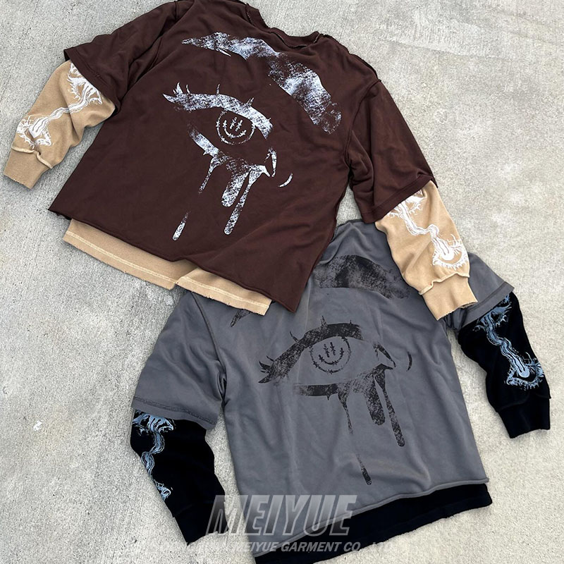 Custom DTG Print Logo Double Layer Waffle Long Sleeve 100% Cotton Tshirt Streetwear Men Oversized Sweatshirt T Shirt for Men