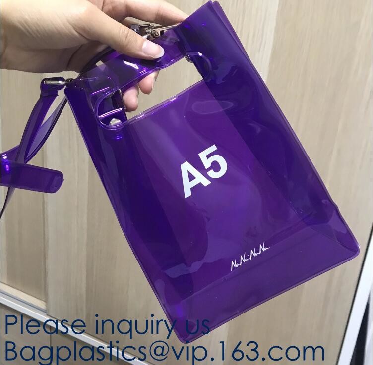 Waterproof All Over Printing PVC Coating Tote Shoulder Fabric Shopping Bag With Gusset And Lining,Jelly Clear Plastic PV