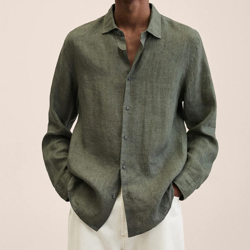 2022 Independent Station V Neck Loose Button Cotton Linen Shirt Man Popular Long Sleeved
