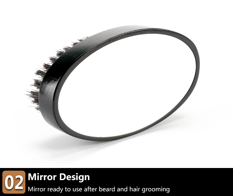 Beard Brush With Mirror Soft or Medium Hard Boar Bristle Wooden Handle for Men